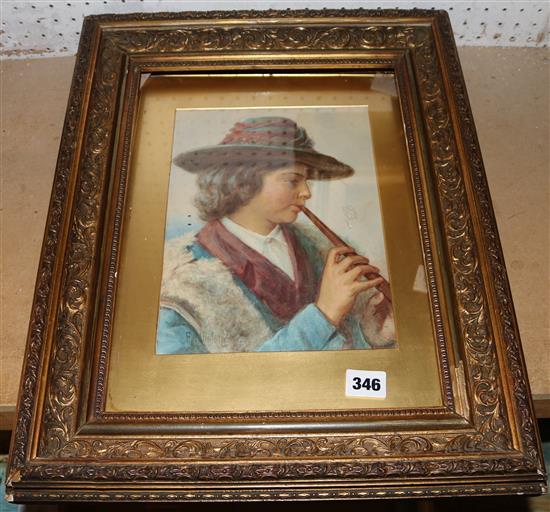 Frank Nowlan R. A. (1835-1919), watercolour, Tyrolean shepherd boy with a pipe, signed